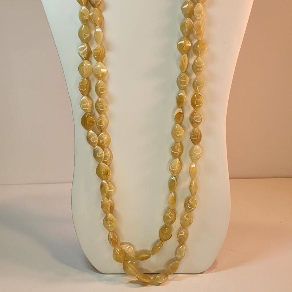 Vintage Cream Beige Beaded Necklace 26" long Boho Retro Glam